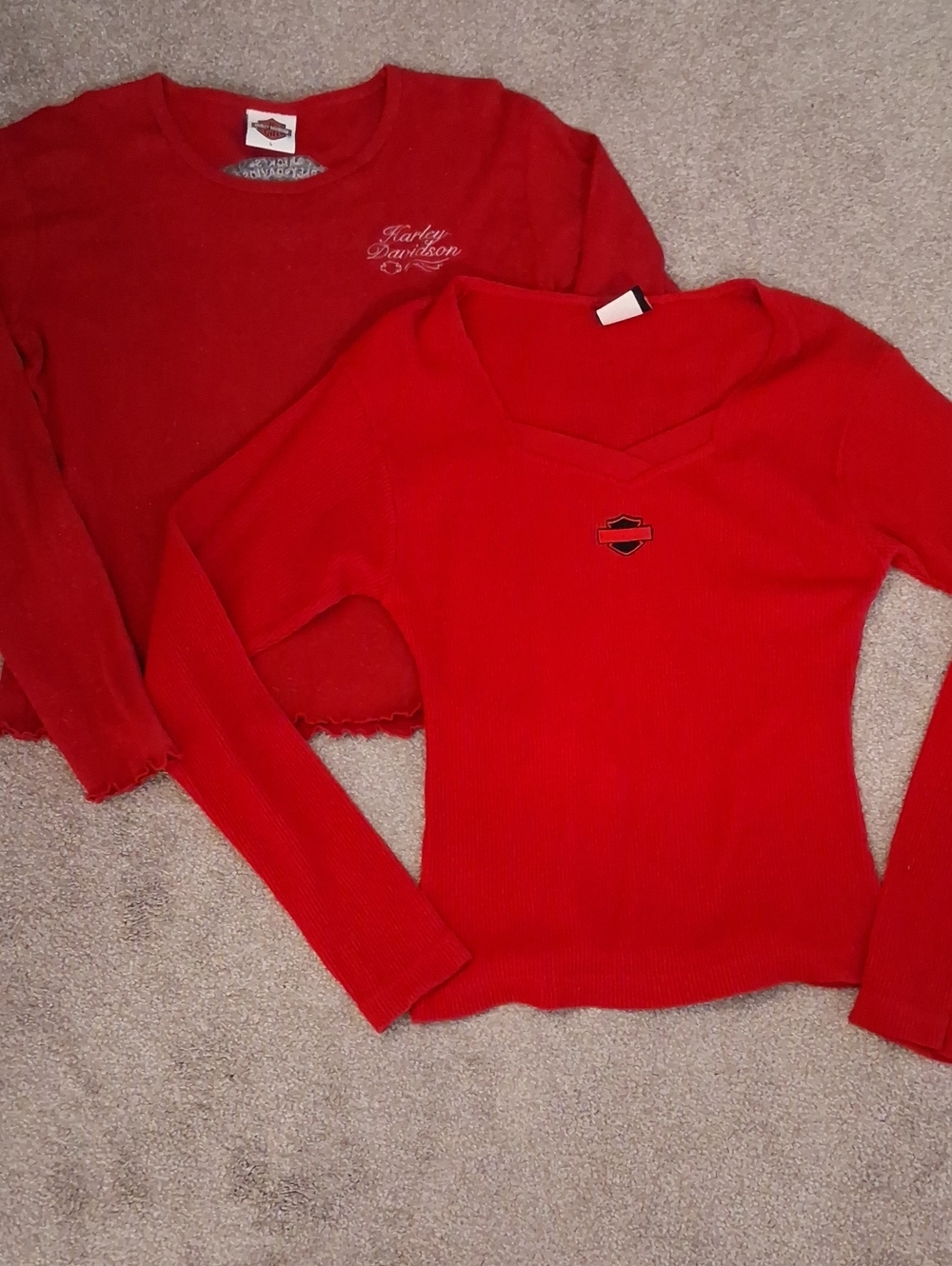 Bundle Of (Two) Harley-Davidson Women's Red Long Sleeve.(1) Large (1) Medium.